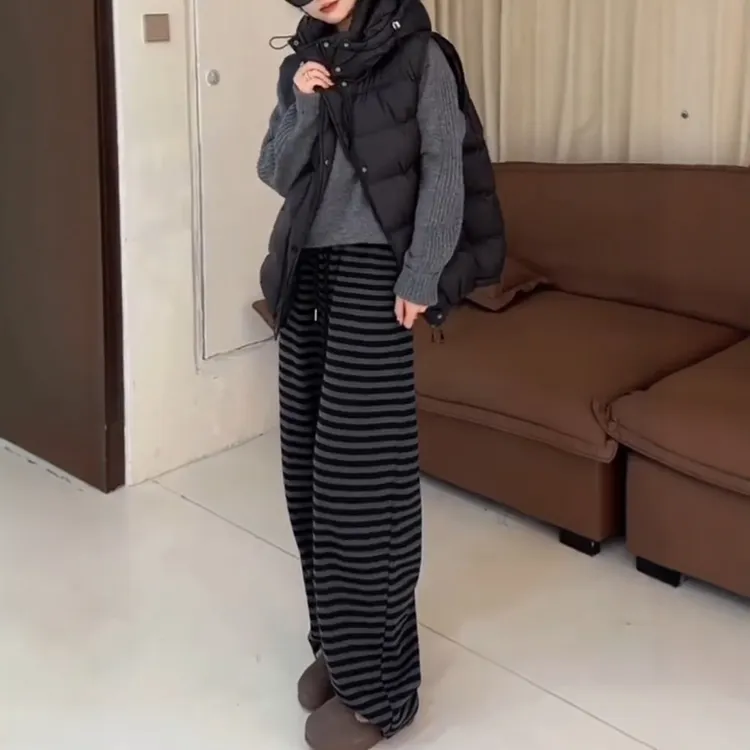 大码女装弹力百搭直筒休闲裤女2025秋季新款显瘦条纹束脚阔腿裤子