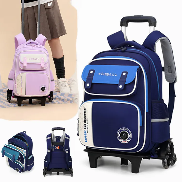 护脊减负小学生1 - 6年级男女通用英伦拉杆双肩带轮子的书包六轮