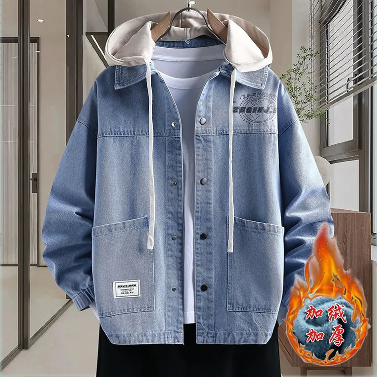 春秋季青少年可脱卸帽水洗字母印花牛仔外套学生潮流帅气休闲夹克