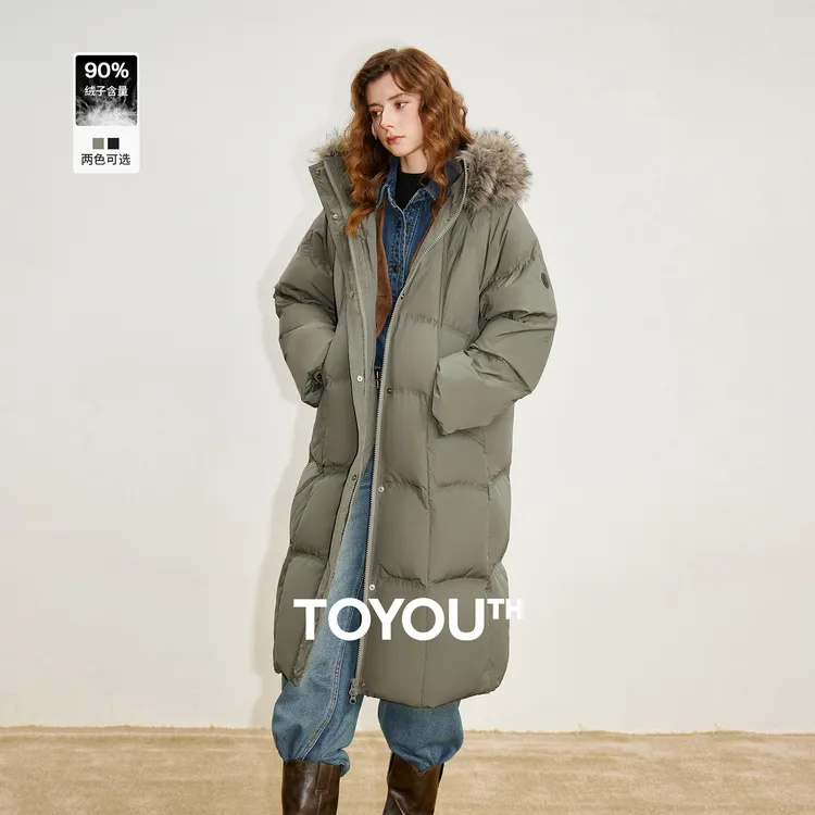 初语厚羽绒服女25冬新白鸭绒宽松大毛领连帽长款保暖外套8546020