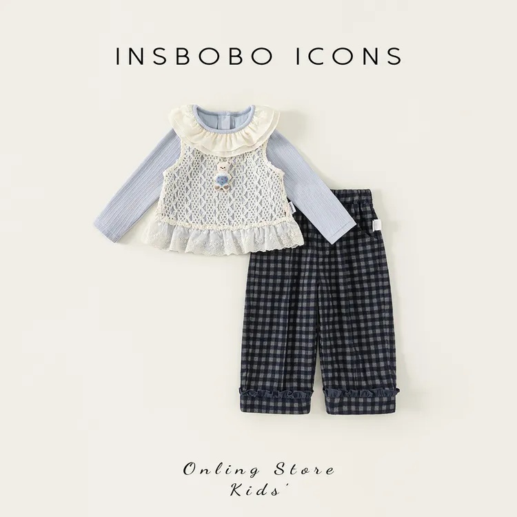 INSbobo女童套装打底衫花边背心花边休闲裤可爱小熊挂件潮QT25257