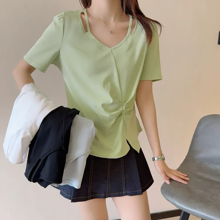 女士短袖棉欧若风正肩v领镂空褶皱不规则慵懒风短袖33019