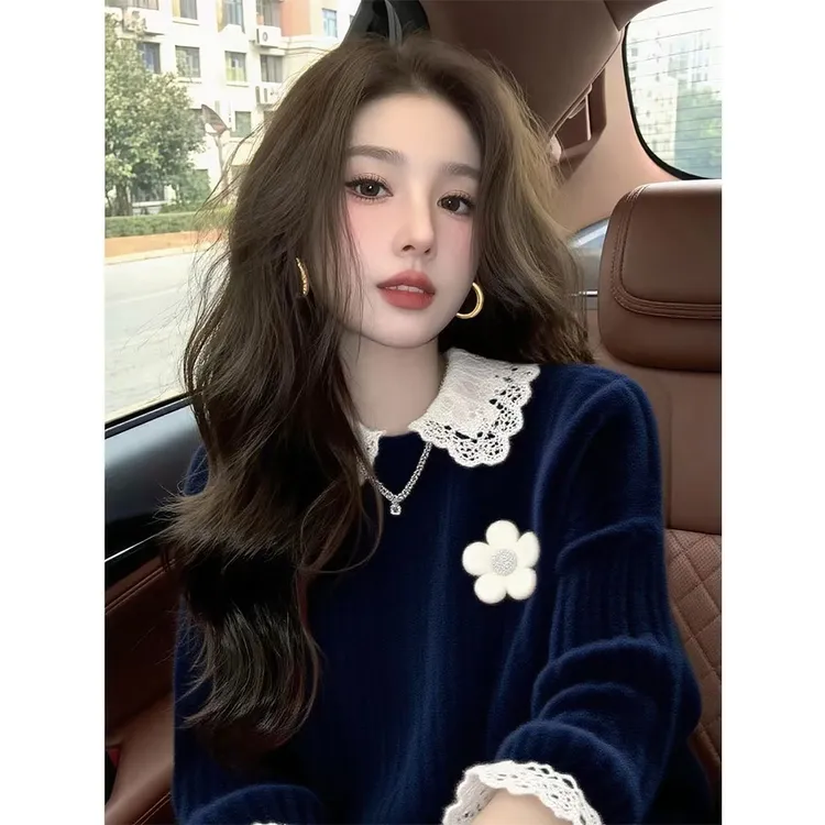 秋季藏蓝色毛衣女慵懒高级感独特超好看减龄软糯气质套头针织上衣