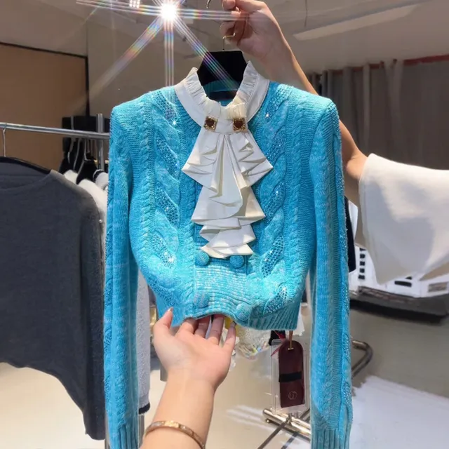 韩系高级感蓝色蝴蝶结领毛衣女秋冬气质设计感立领显白针织衫上衣