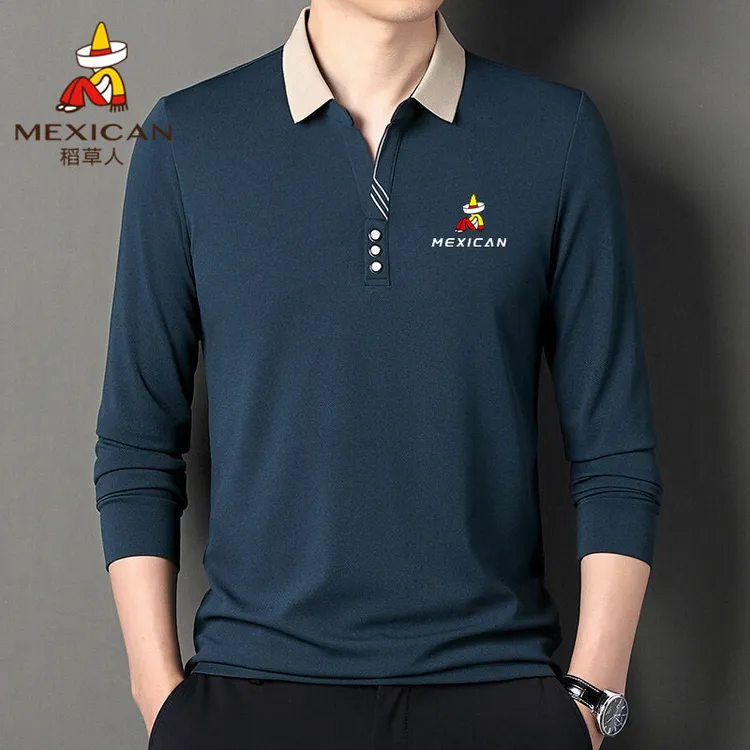 Mexican/稻草人春秋季男士Polo衫休闲舒适商务长袖翻领长T恤衫男