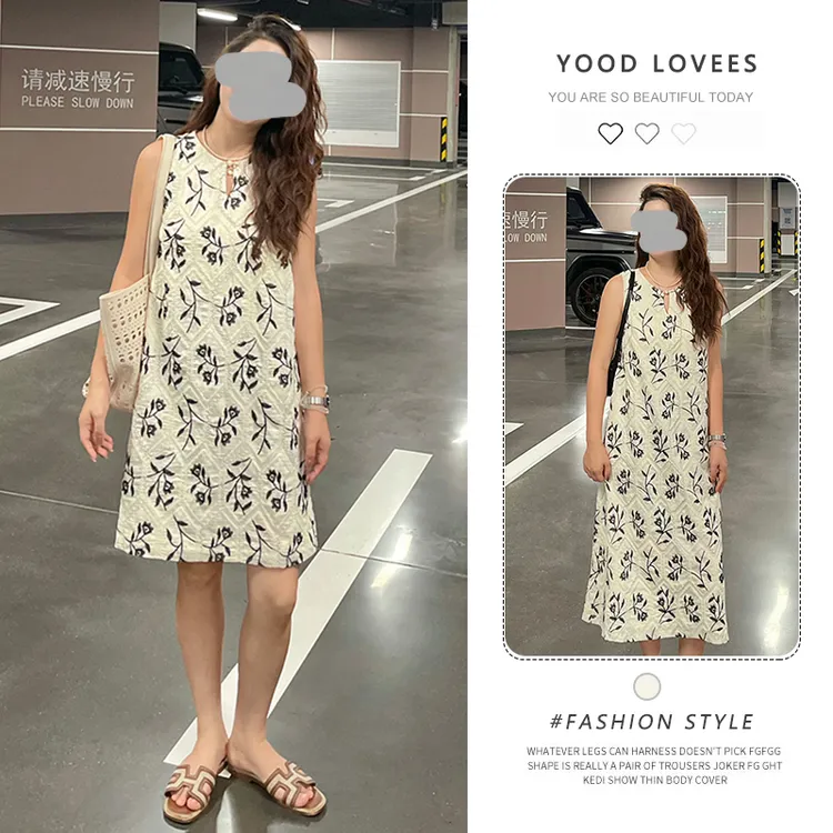 法式花朵刺绣高级无袖连衣裙夏季水滴圆领设计时尚慵懒宽松小短裙
