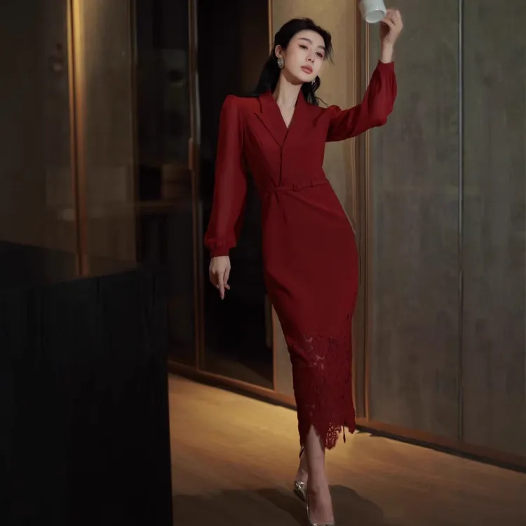 气质优雅西装领连衣裙春夏季纱袖蕾丝拼接后开叉中长裙收腰显瘦裙