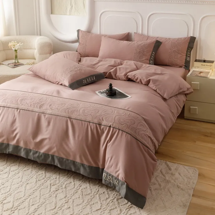 高端简约刺绣100%纯棉裸睡四件套全棉加厚被套床单床笠款床上用品
