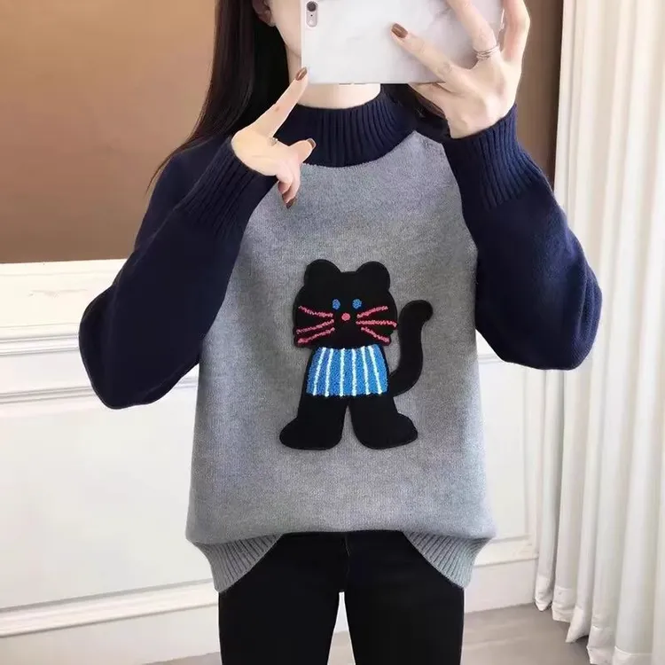 加厚保暖半高领毛衣少女秋冬季内搭高中学生女猫咪大童打底针织衫