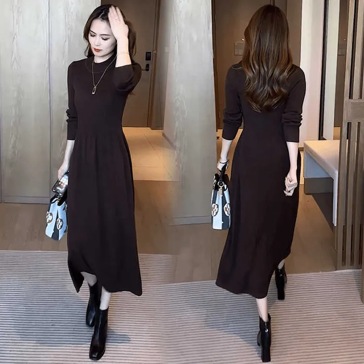法式针织连衣裙女2025秋季新款洋气收腰显瘦中长款过膝打底毛衣裙