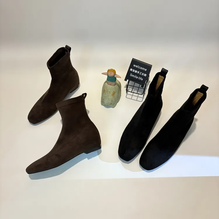 3.5厘米/时尚内增高瘦瘦靴女秋冬方头复古平底短靴法式绒面弹力靴