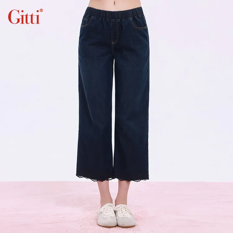 Gitti/吉蒂松紧腰牛仔裤女蕾丝拼接直筒裤显瘦百搭九分裤G261246