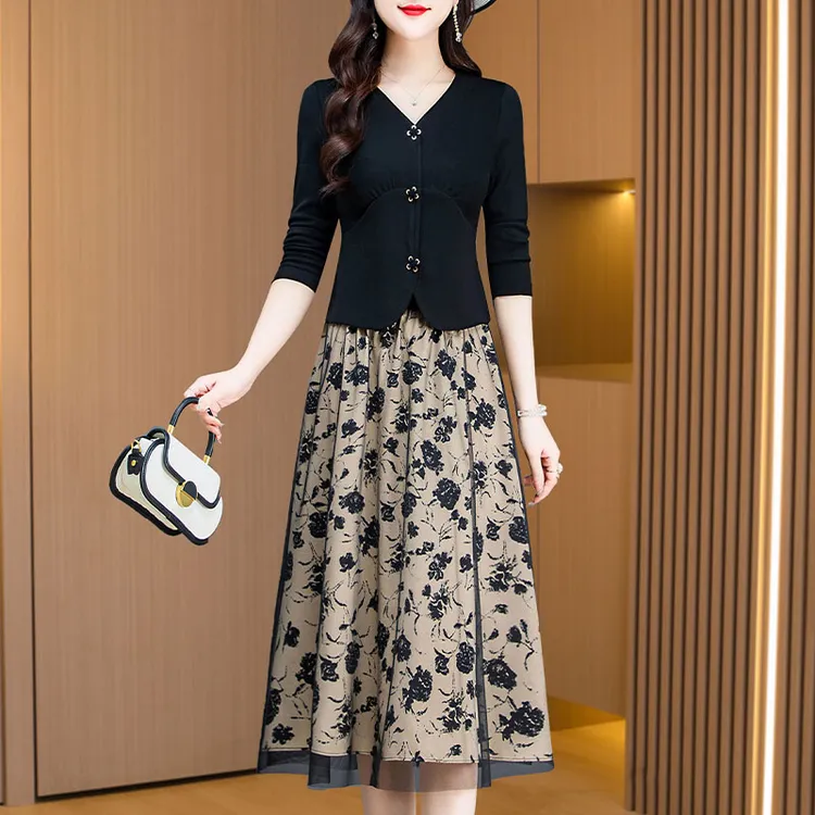 长袖连衣裙女宴会2025新款十三行高端奢华长辈结婚衣服两件套裙子