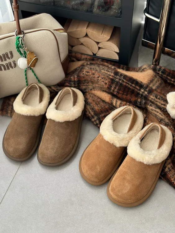 厚底磨砂牛皮加绒两穿雪地靴女鞋2025新款休闲毛毛勃肯鞋软底棉鞋