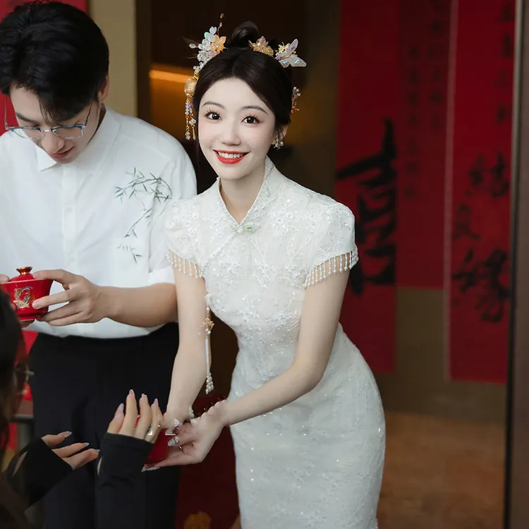 新款优雅白色气质礼服高端磨毛短袖中腰新娘晚装旗袍新中式旗袍