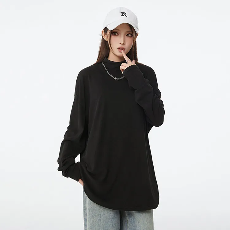 双面德绒半高领打底衫男款秋冬加绒修身正肩长袖t恤美式无帽卫衣