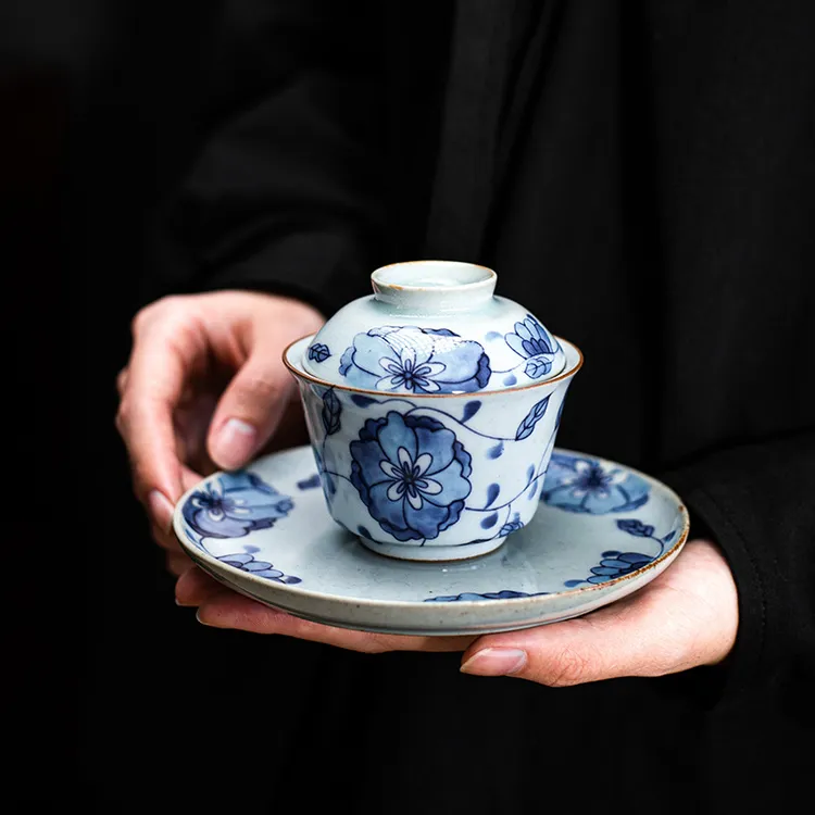文创永乐青花缠枝莲盖碗陶瓷功夫茶具单个泡茶碗大容量瓷盖碗礼盒