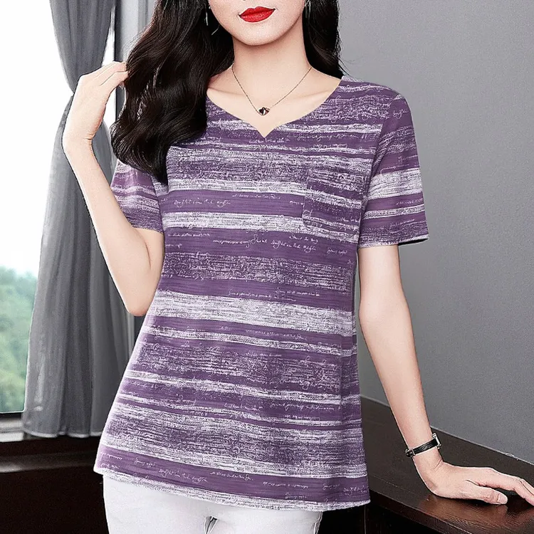 条纹T恤衫2025夏季短袖女士宽松圆领休闲新款印花小上衣显瘦女装