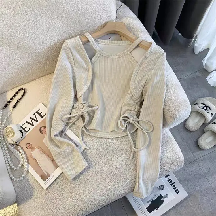 女童假两件打底衫镂空露肩上衣2025秋儿童抽绳不规则短款长袖T恤