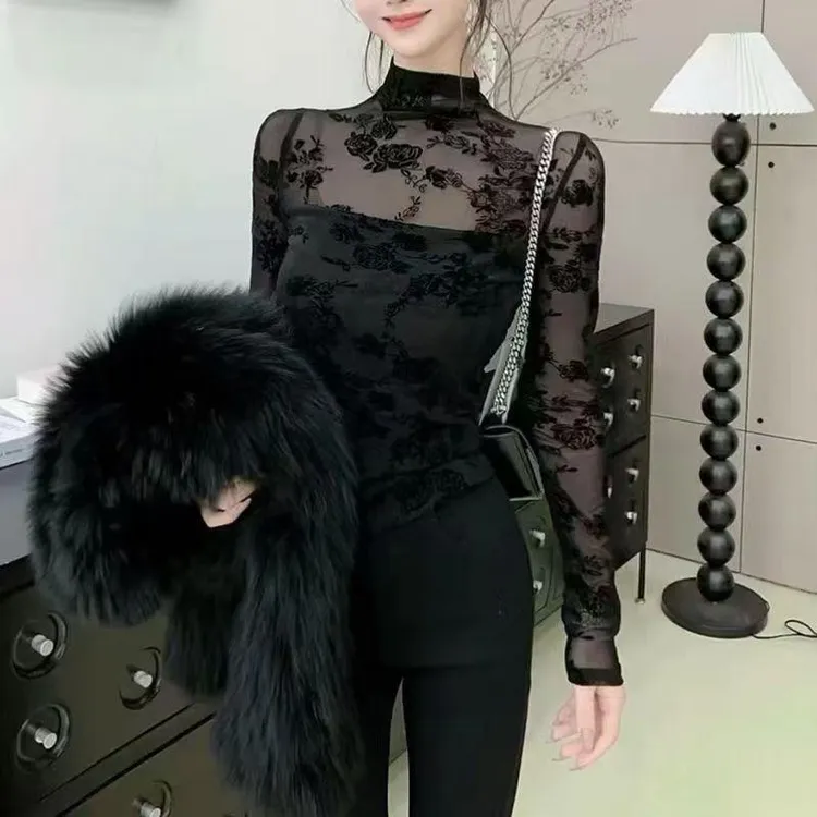 半高领蕾丝衫女加绒2024秋冬性感微透长袖打底衫内搭