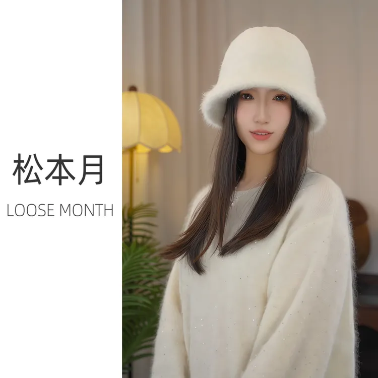 松本月女冬季大头围真兔毛绒帽子秋冬季盆帽遮脸显脸小水桶渔夫帽