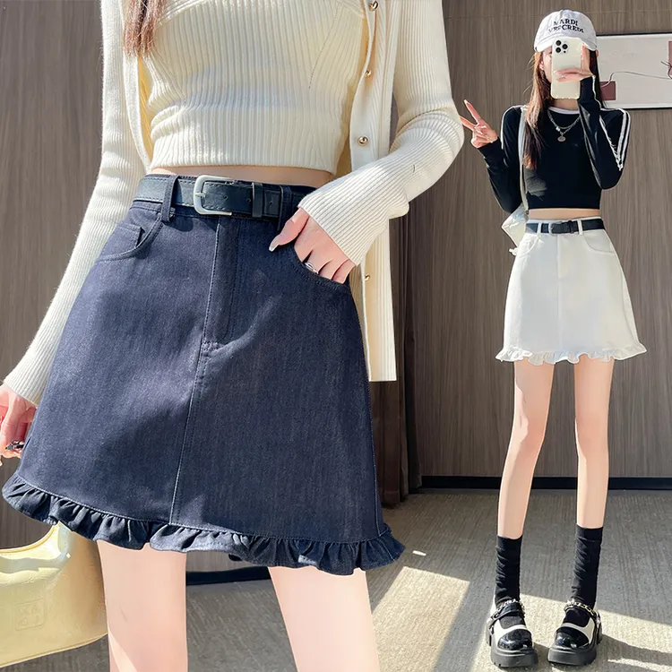 木耳边天丝牛仔半身裙女2025秋季新款显瘦气质包臀a字防走光短裙