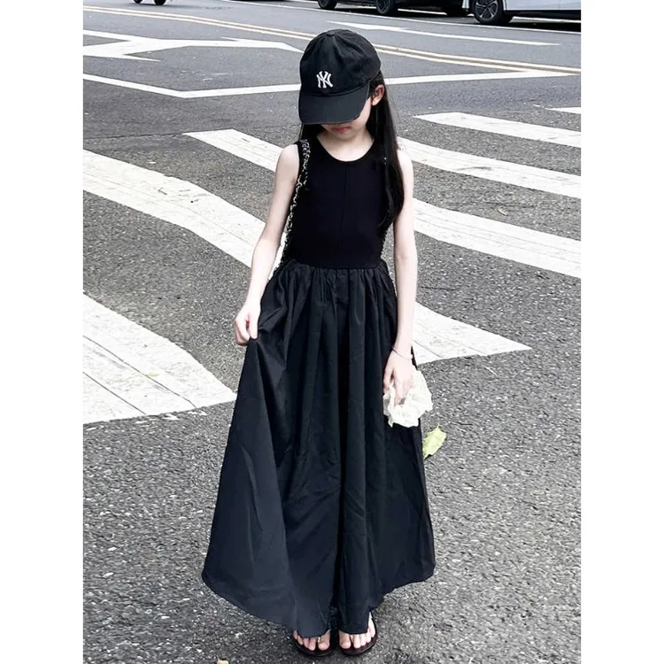 MUMUWU女童连衣裙夏季新款中大童法式无袖小黑裙赫本风背心公主裙