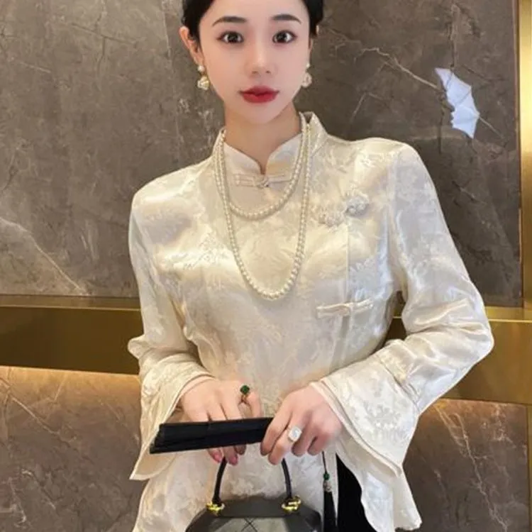新中式国风复古盘扣白色提花衬衫女款高级感上衣长袖气质显瘦