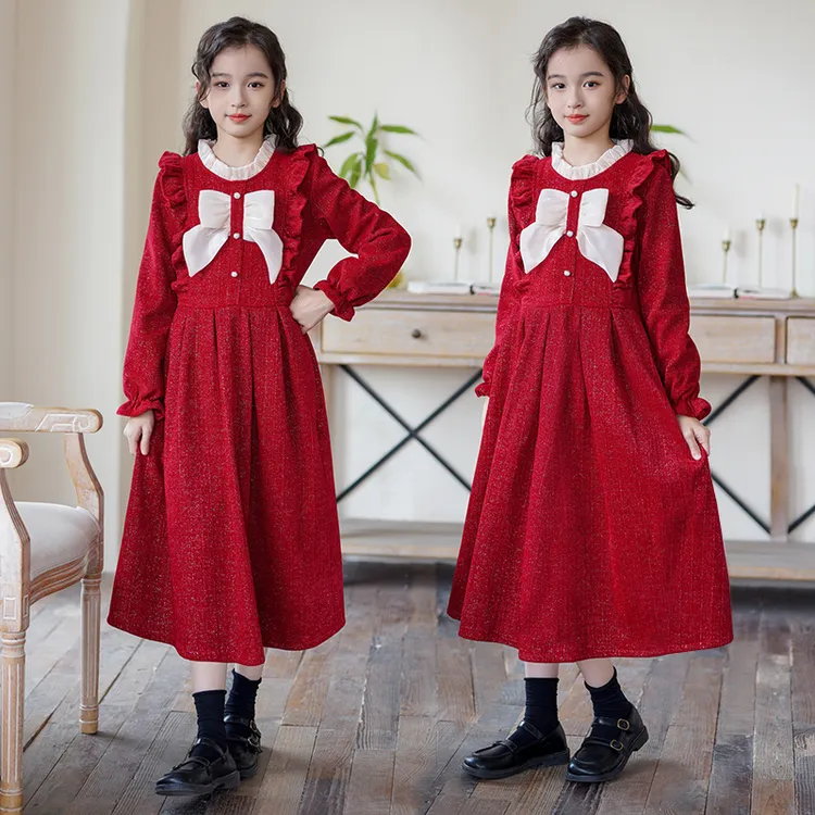 女童秋冬加绒连衣裙2025新款中大童气质礼服表演裙子女孩洋气长裙