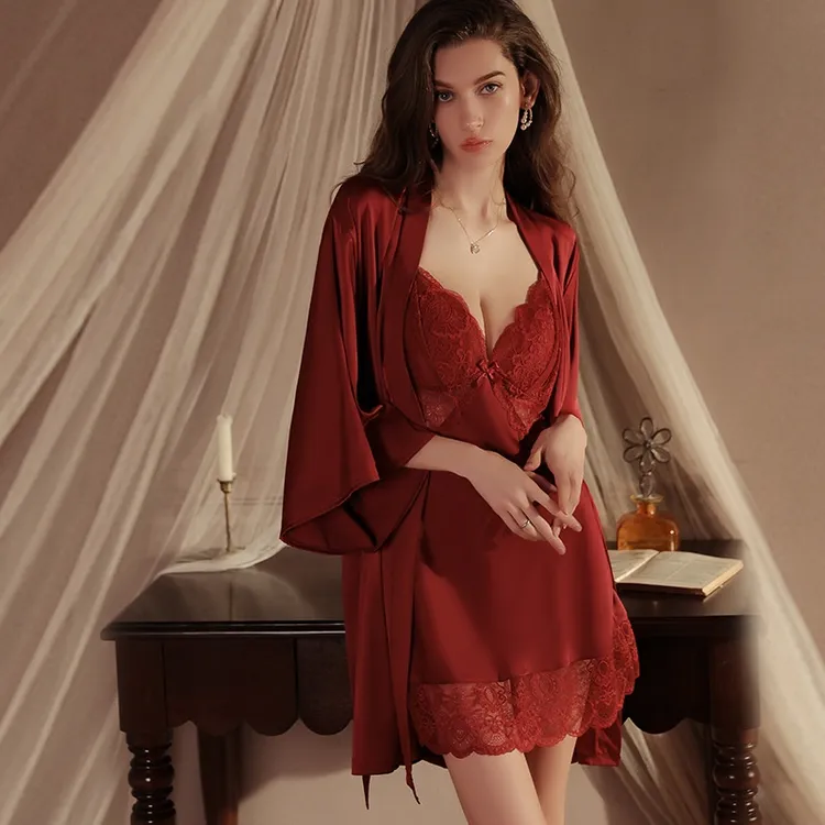 【80-140】轻奢火辣深V加胸垫性感透视蕾丝缎面睡裙外袍家居服套装