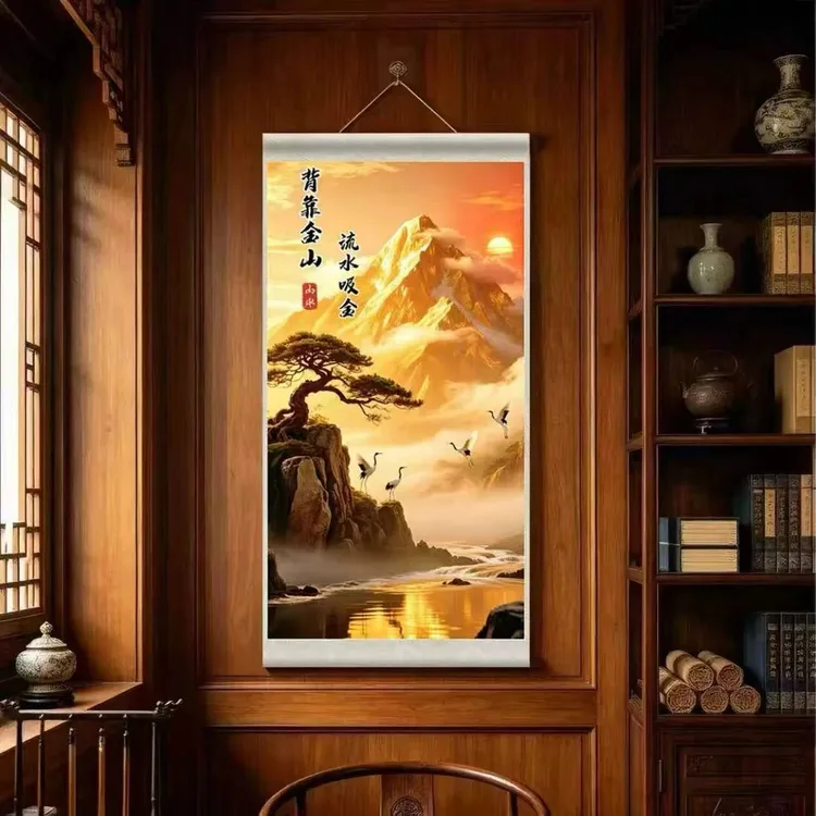 抢!【背靠金山】新中式挂画客厅书房玄关背景墙装饰画卷轴挂画