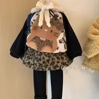 女童秋季2025新款卡通小猫印花圆领长袖卫衣豹纹屁帘打底裤两件套