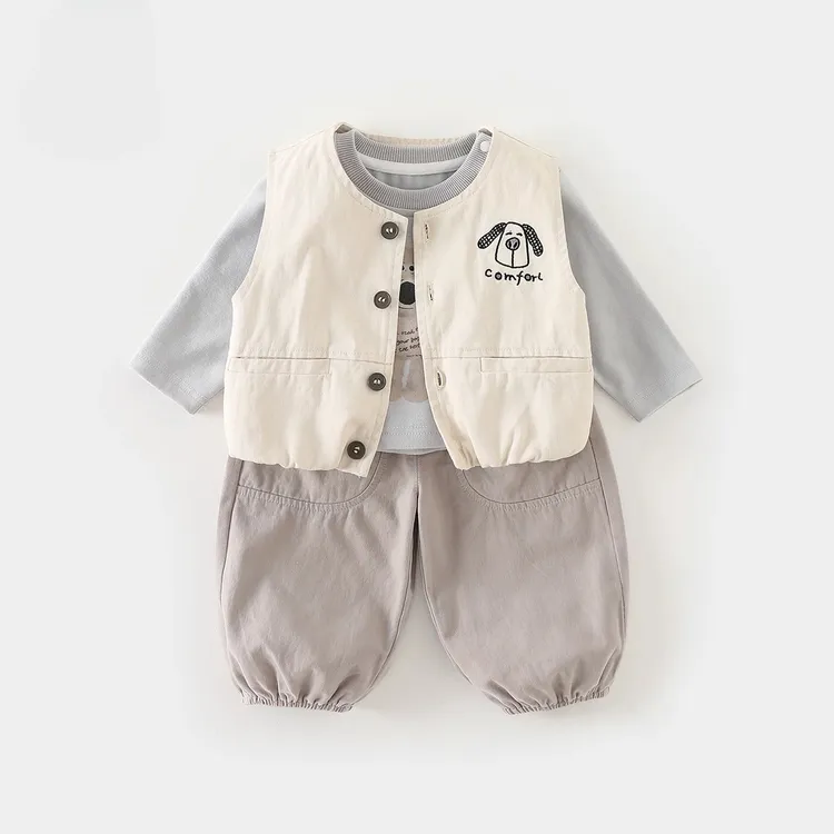 男童套装秋装2025新款男宝宝马甲打底衫裤子秋季婴幼儿衣服三件套