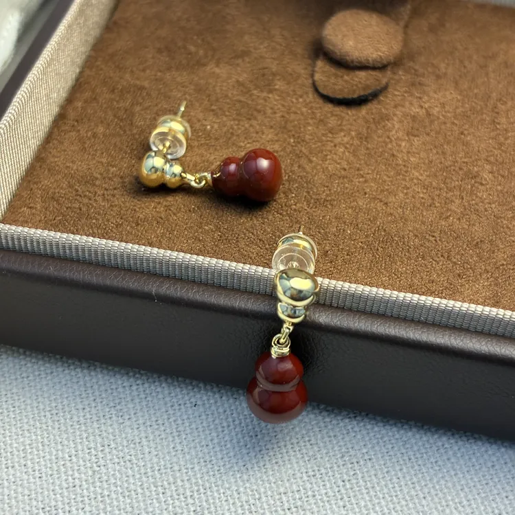 铜合金珐琅耳饰 镀K金925银针921号红色葫芦耳坠