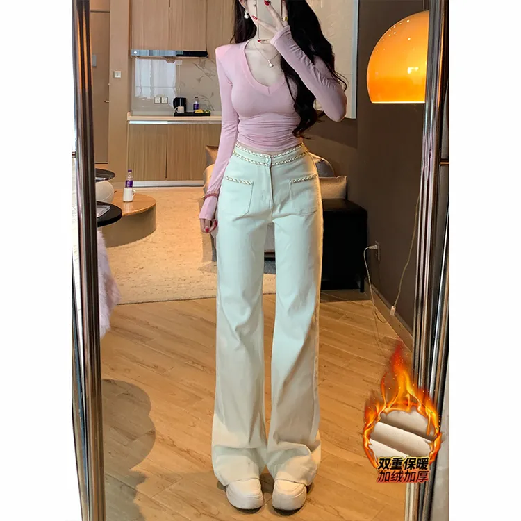 高级米白色高腰链条加绒直筒牛仔裤女2025冬季新款显瘦修身直筒裤