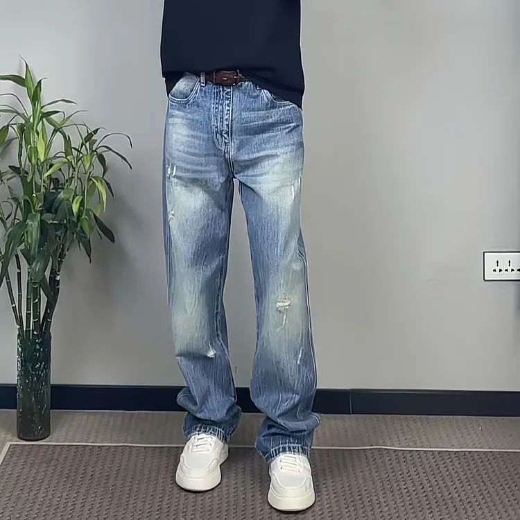 男士秋季破洞直筒宽松透气水洗牛仔裤潮流百搭夏季复古休闲美式