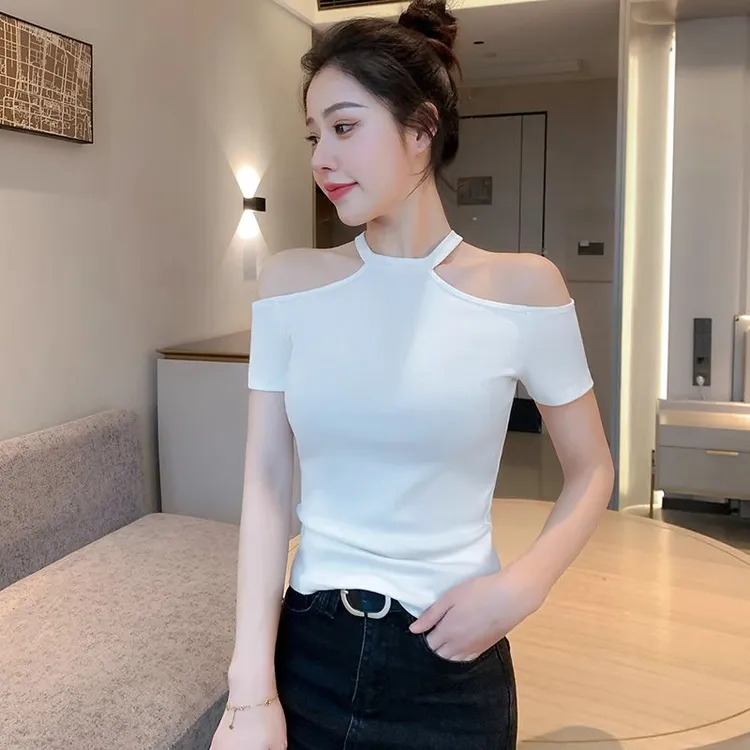 白色挂脖短袖t恤女外穿性感2025新款夏螺纹露肩修身内搭打底上衣