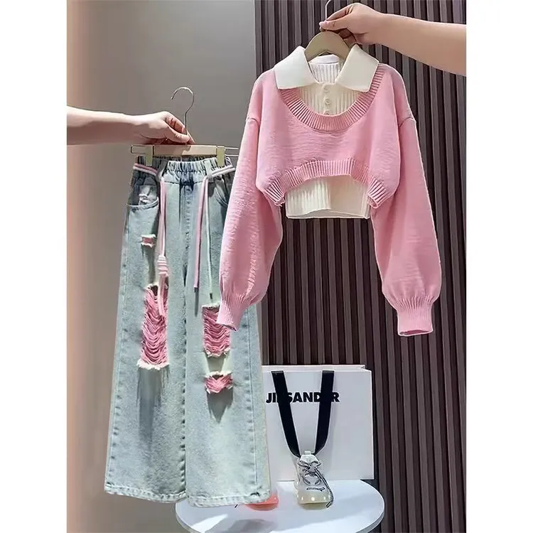 女童三件套装秋装2025新款韩版小女孩中大童春秋季爆款毛衣牛仔裤