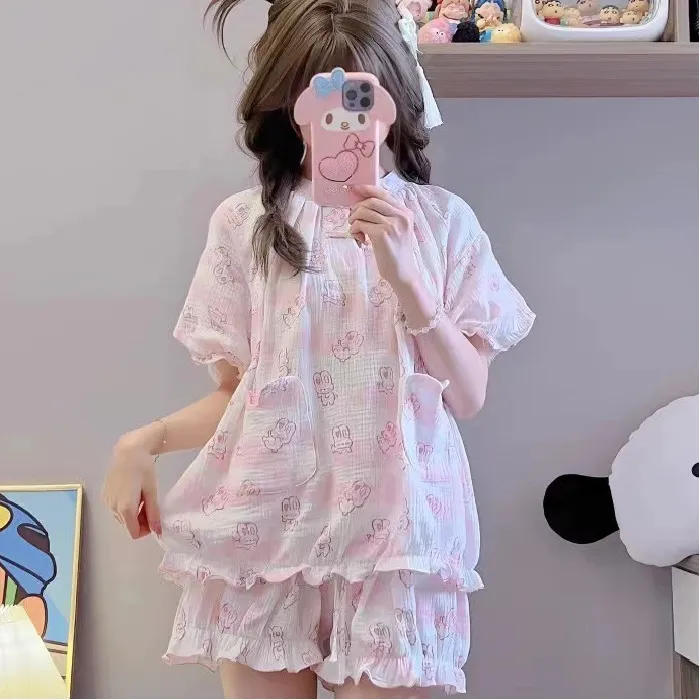 日系可爱学生少女睡衣女夏季短袖短裤薄款套装甜美中式家居服起居
