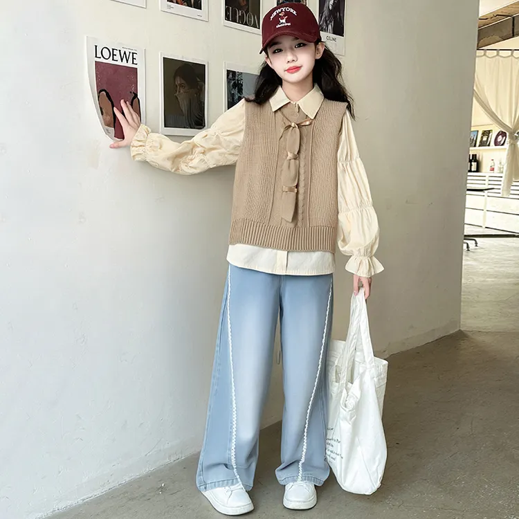 女童秋装套装2025新款洋气时髦中大童装女孩马甲衬衣牛仔裤三件套