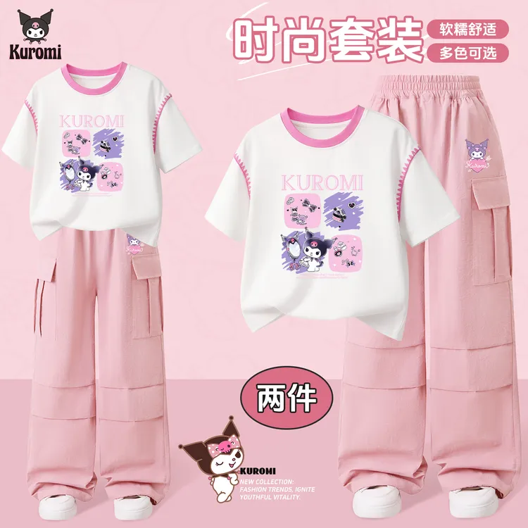 库洛米童装女童夏装套装儿童撞色短袖工装裤中大童洋气两件套衣服
