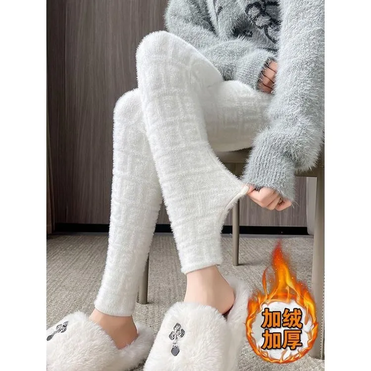 白色提花水貂绒打底裤女冬季外穿保暖高腰紧身弹力加绒加厚小脚裤