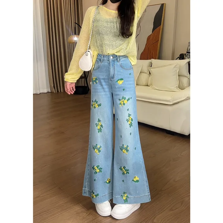 106复古刺绣小碎花微辣牛仔裤女夏季2025新款薄款宽松喇叭长裤子