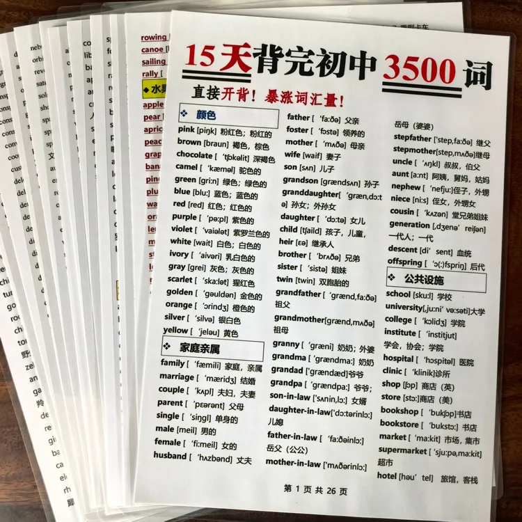 初中英语必背3500词完整版A4塑封反复背诵单词表带音标速记