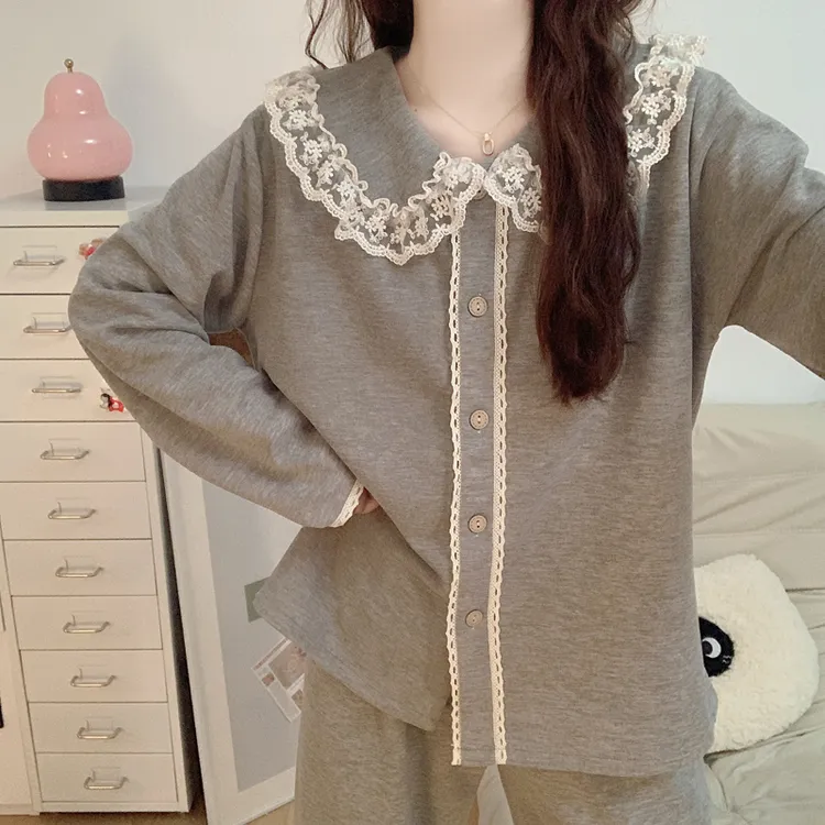 【秋冬羊绒】加厚睡衣女2025新款长袖甜美公主风蕾丝开衫家居服套装