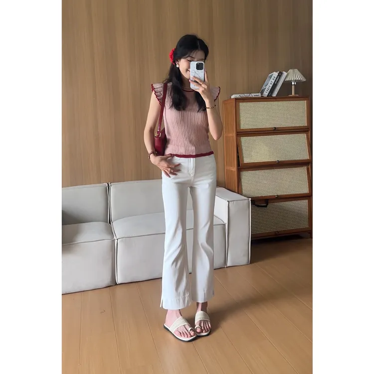 白色-夏季薄款九分喇叭裤女高腰蓝色喇叭裤透气舒适