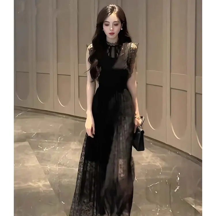 【有里布】蕾丝连衣裙女夏收腰气质高级感重要场合黑色小裙子D2862