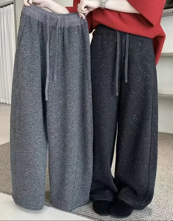 冬季秋冬阔腿裤加厚弯刀裤时尚宽松加绒保暖直筒裤口袋休闲裤百搭