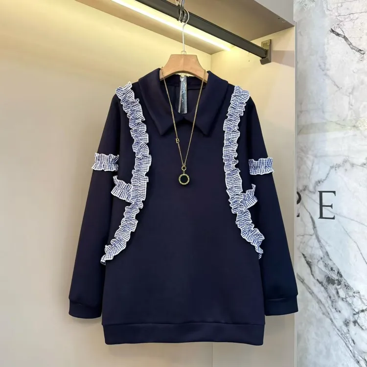 2025秋冬休闲翻领衬衫木耳边欧货洋气格子设计感胖mm时尚上衣9019