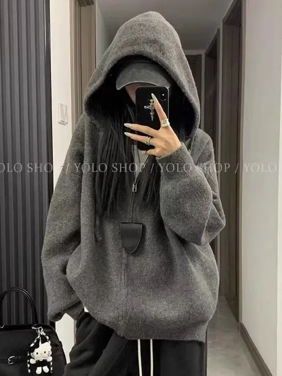 慵懒老钱风灰色拉链连帽毛衣外套女秋冬季软糯浣熊绒针织卫衣开衫